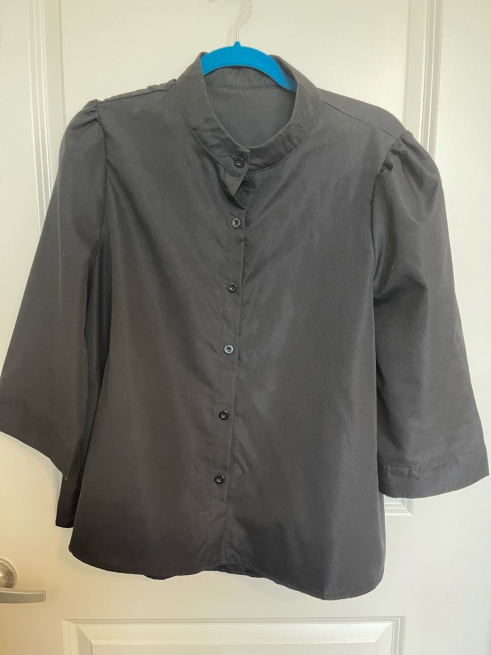 Women's Black Mandarin Collar Button-Front Blouse slightly flared/roomy
